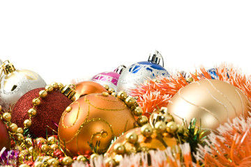 Colorful Christmas decoration balls and bright tinsel