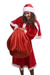 Santa woman is holding red sack with gifts.