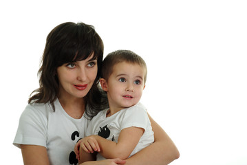 Mother and son on white background