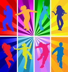 Vector silhouettes of jumping and dancing kids in retro style.