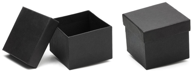 black boxes isolated on white, one box openened and closed