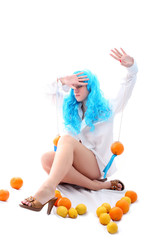 blue hairs girl with oranges and lemons