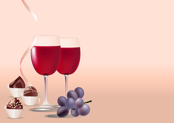 Two realistic vector glasses of wine, grape and sweets