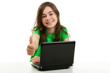 Girl using laptop isolated on white background