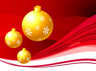 Golden Christmas ornaments on abstract red background