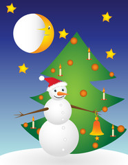 Snowman and green tree