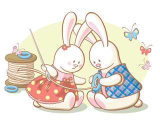 Two white rabbits sew a button on jaket