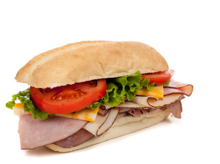 Assorted meat sandwich with fixings on a hoagie