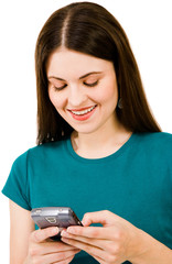 Happy woman text messaging