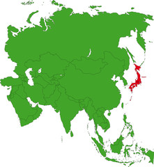 Location of Japan on the Asia continent