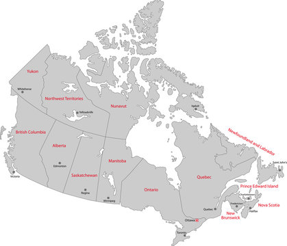 Gray Canada map with provinces and capital cities