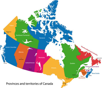 Colorful Canada map with provinces and capital cities