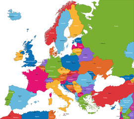 Colorful Europe map with countries and capital cities - obrazy, fototapety, plakaty