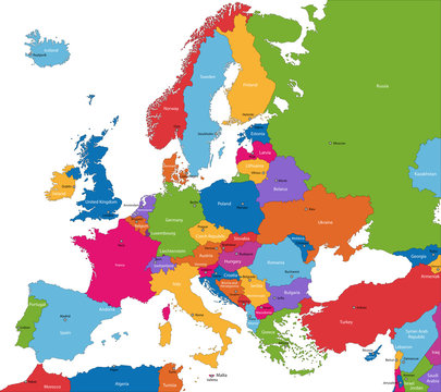 Colorful Europe map with countries and capital cities
