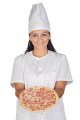 Pretty cook girl with a delicious pizza