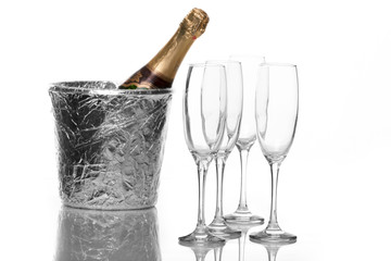 Champagne flutes and ice bucket
