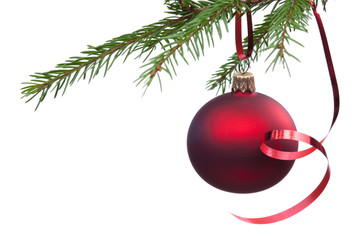 Christmas ball with curly ribbon on christmas tree