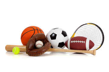 Assorted sports equipment on white - Powered by Adobe