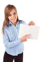 Beautiful business woman holding a blank notecard