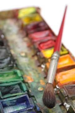 well-used brush and paintbox