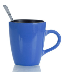 blue and black coffee mug with spoon