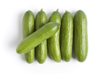 Small cucumbers on a row on white background