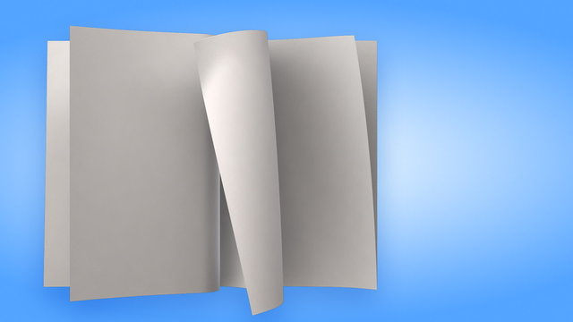 Fast flicking white paper pages on blue background
