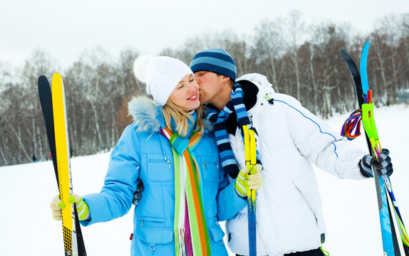 Happy Couple Skiing