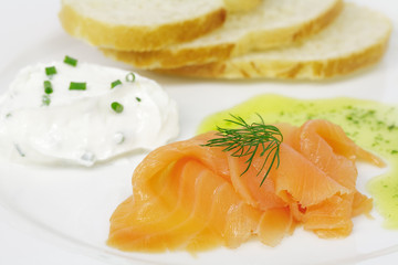 Räucherlachs, mit Kräuterquark und Weißbrotscheiben
