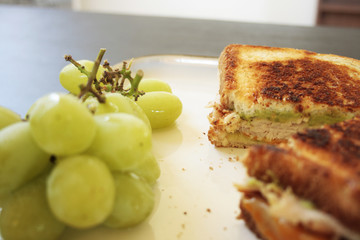 A delicious panini with a side of fresh grapes.