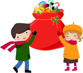 Two girls and christmas bag with gifts