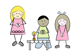 Drei Kinder üben sich in Gebet / Meditation