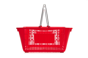 Red plastic shopping basket on a white background