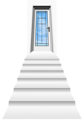 high resolution 3D opened door with a stair to a blue sky