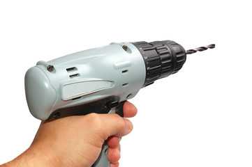 Man's hand with a drill on a white background