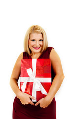 young party woman in dress with christmas gift