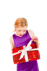 young party woman in dress with christmas gift