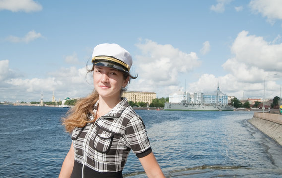 female tourist against View of St. Petersburg