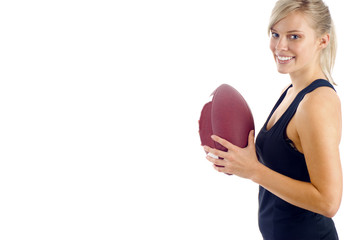Beautful Blond Woman Smiling & Holding a Football