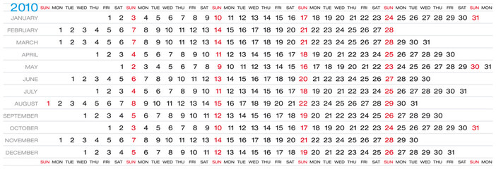 Calendar for year 2010