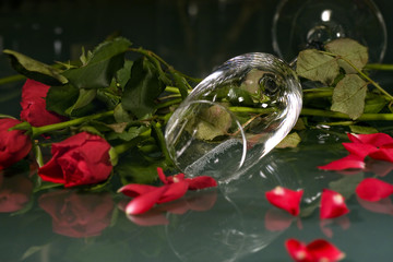 Sektglas und rot Rosen