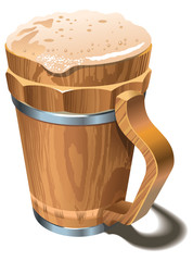 Wooden cup full of beer, with froth head, photo-real vector