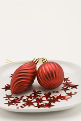 Christmas arrangement. Red ornaments.
