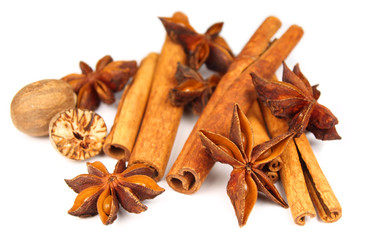 Badian, nutmeg and cinnamon bark isolated on white