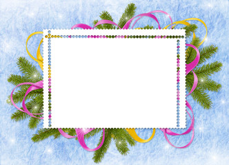 White frame with branches and ribbon on the blue background
