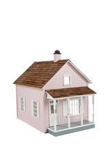 Pink wooden dollhouse on white