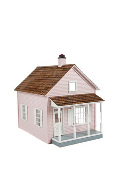 Pink Wooden Dollhouse On White