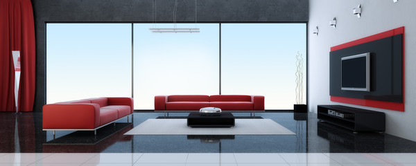 Modern interior of a drawing room with red sofas