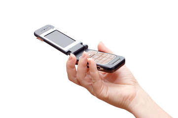 Mobile phone in hand isolated on white