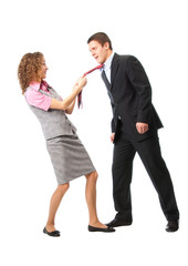 Girl pulls a man in a tie